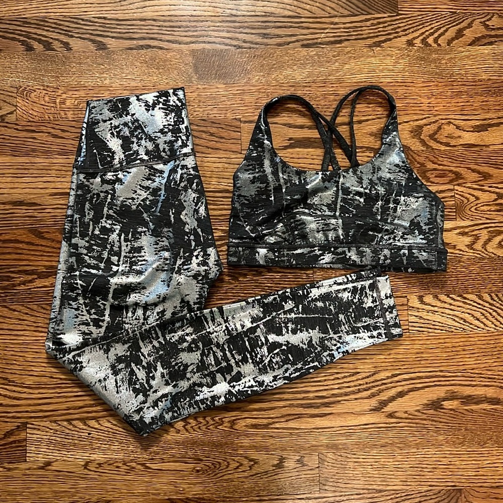 Lululemon Size 6 Align leggings and energy bra Metallic Silver and Black SET